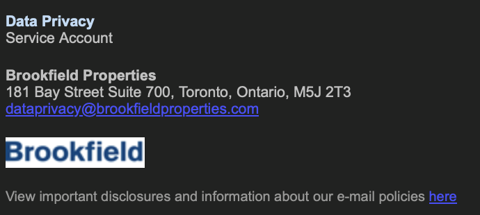 A cropped screenshot fragment of the email footer adorning each reply from the Service Account emailer.