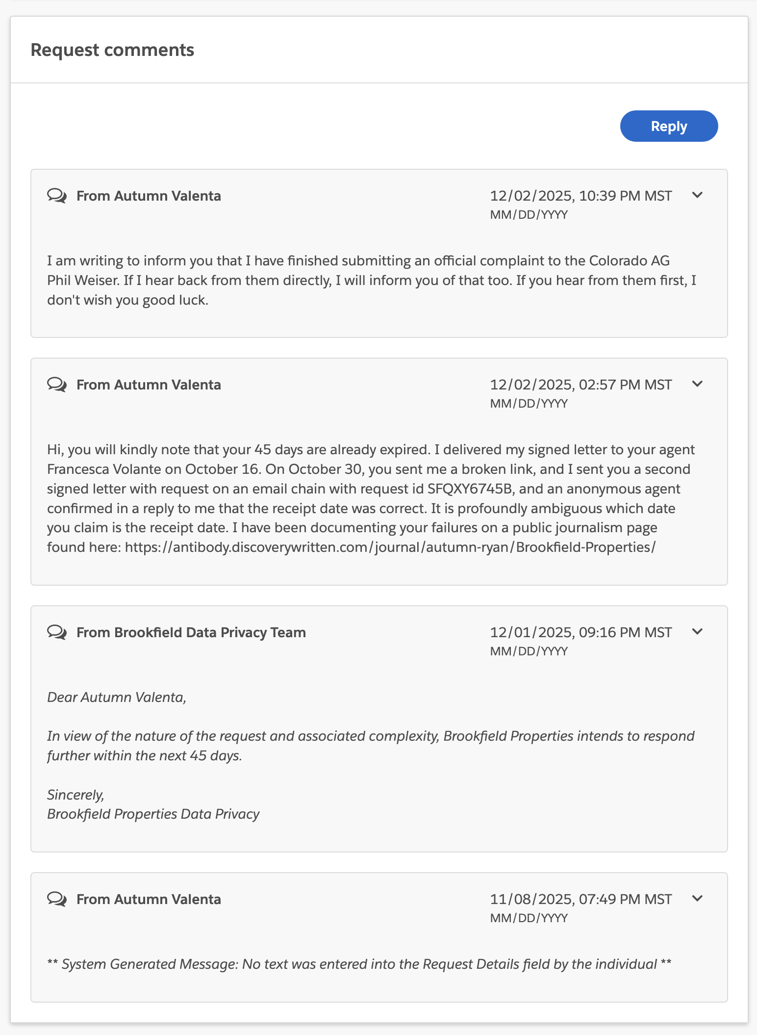A cropped screenshot of the comment log that they created with a backdated and empty request in my name.