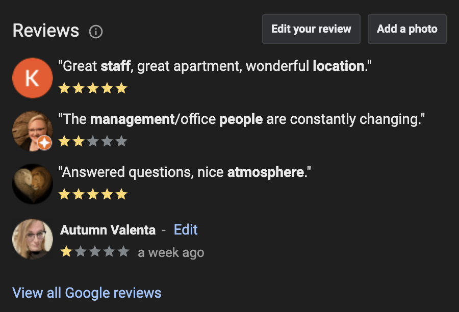 A cropped screenshot fragment of the public reviews on Google. Mine is noted at the bottom of the short list with a single star.