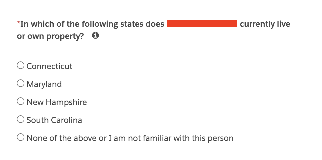 Screenshot of an identity verification quiz question which demands I know where someone in my extended family owns property.