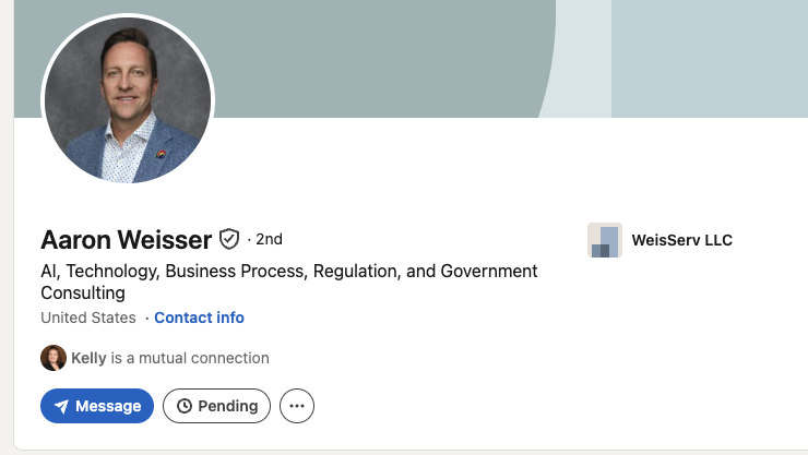 A cropped screenshot of Aaron Weisser's LinkedIn profile headline.