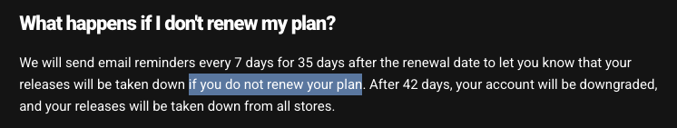 Small screenshot of TuneCore's article concern trolling about what happens if you don't get to renew.
