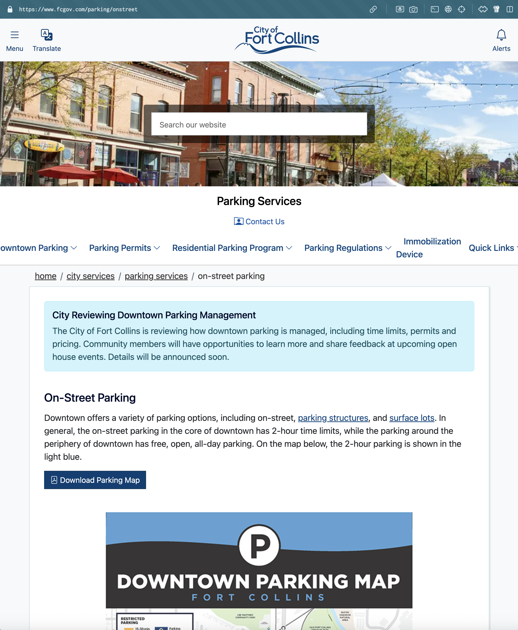 Screenshot of the Google-accessible Parking Services page
