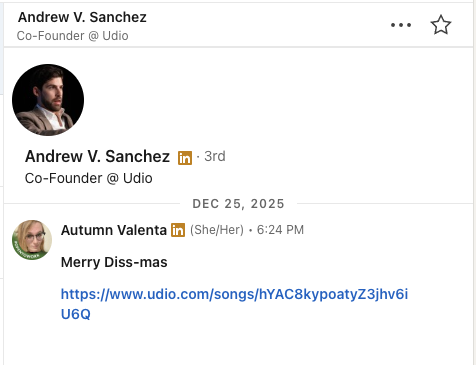 A cropped screenshot of a LinkedIn message revealing an unanswered message with an Udio link.