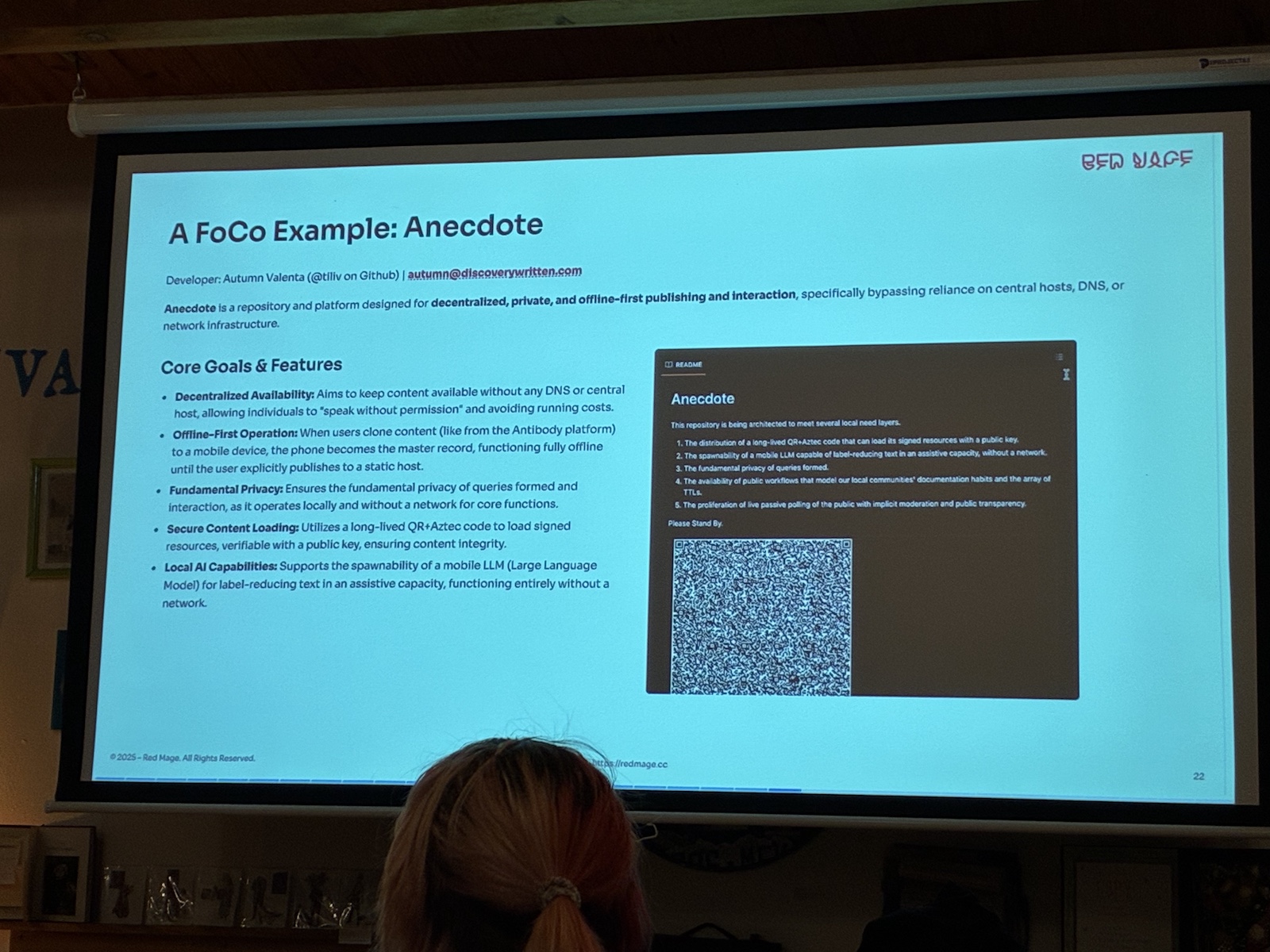 A slide of core goals and technology promises using QR as a medium for distribution. It purports decentralization, privacy, an offline-first model of operation and interaction.