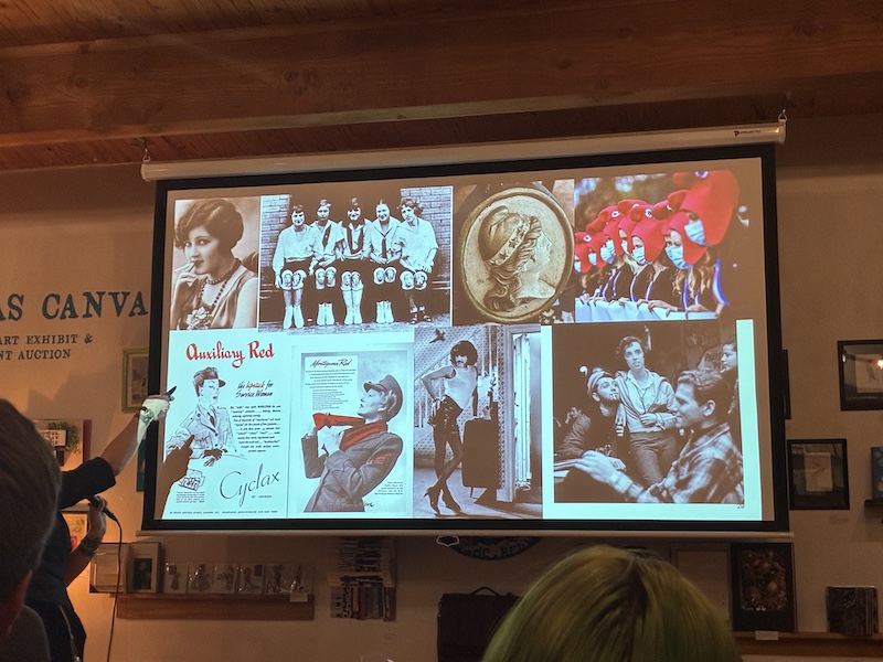 A slide of several historical photos, and a typewriter adornment featuring a woman in a cap, long-lived evidence of one such hat featured to that photo's right.