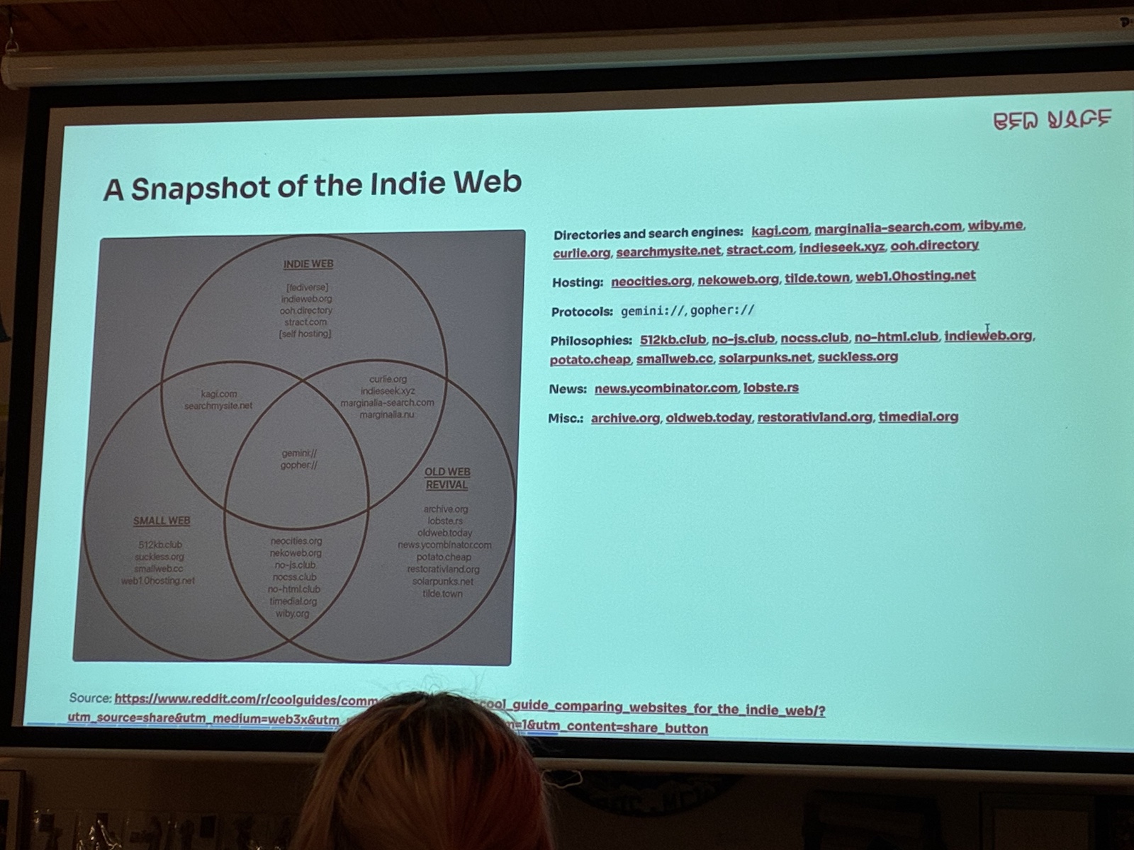 A slide of conjecture about the composition of the indie-made web, presented as a three-circle Venn Diagram of truly Indie Web, the Old Web Revival and the Small Web. At the center are the scheme protocols gemini:// and gopher://.